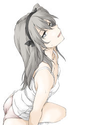 Rule 34 | 1girl, black ribbon, blush, bright pupils, brown eyes, camisole, commentary, elf (stroll in the woods), girls und panzer, grey panties, hair ribbon, half-closed eyes, highres, implied sex, light brown hair, long hair, looking at viewer, one side up, open mouth, panties, ribbon, shimada arisu, simple background, sitting, smile, sweat, textless version, underwear, underwear only, white background, white camisole, white pupils