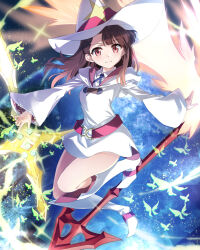 Rule 34 | 1girl, boots, brown hair, floating, glowing, glowing weapon, hat, kagari atsuko, knee boots, little witch academia, long hair, long sleeves, looking at viewer, red eyes, smile, solo, thighs, tsuezu, weapon, white footwear, wide sleeves, witch hat