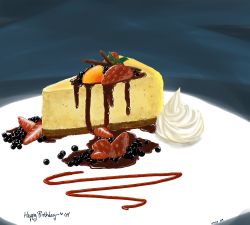 Rule 34 | cake, cheesecake, doursiel, food, food focus, fruit, fruitcake, no humans, still life, strawberry, whipped cream