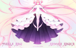 Rule 34 | 10s, 1girl, absurdly long hair, bad id, choker, cleavage cutout, clothing cutout, dress, full body, gloves, hair ribbon, highres, kaname madoka, long hair, mahou shoujo madoka magica, mahou shoujo madoka magica (anime), outstretched arms, pink hair, ribbon, sayori (neko works), shoes, short twintails, solo, spoilers, thighhighs, twintails, two side up, ultimate madoka, very long hair, wallpaper, white dress, white gloves, yellow eyes