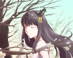 Rule 34 | 10s, 1girl, bare shoulders, black hair, breasts, cherry blossoms, closed eyes, fusou (kancolle), hair ornament, huziki1979hiro0818, japanese clothes, kantai collection, long hair, nontraditional miko, personification, smile, solo, tree