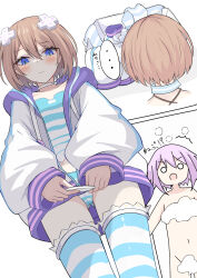 Rule 34 | 2girls, between legs, blanc (neptunia), blue eyes, blush, brown hair, choker, d-pad, d-pad hair ornament, dress, hair between eyes, hair ornament, highres, jacket, long sleeves, looking at another, medium hair, multiple girls, neptune (neptunia), neptune (series), purple eyes, purple hair, ray 726, short hair, striped clothes, striped thighhighs, surprised, thighhighs, upskirt, usb, white choker, white dress