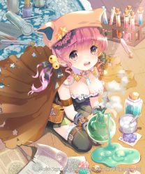 Rule 34 | 1girl, bell, black thighhighs, blunt bangs, blush, bottle, breasts, buckle, cleavage, crying, d;, downblouse, dress, from above, frown, hair bobbles, hair ornament, hat, highres, kneeling, liquid, looking at viewer, looking up, mintchoco (orange shabette), one eye closed, open mouth, original, pink eyes, pink hair, powder, steam, tears, test tube, thighhighs, wavy mouth, wink