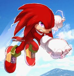 Rule 34 | 1boy, absurdres, animal nose, blue sky, cloud, electricity, furry, furry male, gloves, highres, isa-415810, knuckles the echidna, male focus, purple eyes, serious, shoes, sky, solo, sonic (live action), sonic (series), sonic heroes, sonic the hedgehog 2 (film), white gloves