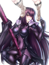 Rule 34 | 1boy, 2girls, akx90000, armor, bodysuit, breasts, covered erect nipples, covered navel, cu chulainn (fate), cu chulainn (fate) (all), cu chulainn (fate/stay night), cu chulainn alter (fate), cu chulainn alter (fate/grand order), fate/grand order, fate (series), gae bolg (fate), impossible clothes, lancer, large breasts, long hair, looking at viewer, medb (fate), multiple girls, pauldrons, polearm, purple bodysuit, purple hair, red eyes, scathach (fate), shiny clothes, shoulder armor, skin tight, solo focus, spear, weapon