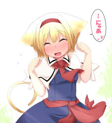 Rule 34 | 1girl, aki (akikaze asparagus), alice margatroid, animal ears, blonde hair, blue dress, blush, capelet, cat ears, cat girl, cat tail, closed eyes, dress, fang, female focus, hairband, kemonomimi mode, necktie, open mouth, paw pose, solo, tail, touhou, translation request