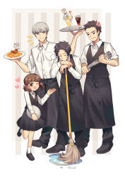 Rule 34 | 1girl, 3boys, ;d, adachi tooru, apron, arm hair, ascot, black hair, black skirt, black vest, brown eyes, brown hair, doujima nanako, doujima ryoutarou, drink, facial hair, food, grey eyes, grey hair, heart, highres, holding, holding mop, holding plate, holding tray, kuki tan, mop, multiple boys, narukami yuu, noodles, one eye closed, open mouth, parfait, persona, persona 4, plate, pocket, rolled up newspaper, shirt, short twintails, skirt, smile, standing, striped, striped background, stubble, sweatdrop, tray, twintails, vertical stripes, vest, waiter, white ascot, white shirt