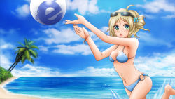 Rule 34 | 1girl, absurdres, ahoge, aizawa inori, ball, barefoot, beach, bikini, bracelet, breasts, cloud, collateral damage studios, day, drill hair, eyewear on head, green eyes, greenteaneko, hair ornament, highres, internet explorer, jewelry, medium breasts, navel, o-ring, o-ring bottom, ocean, official art, official wallpaper, open mouth, os-tan, outdoors, palm tree, personification, side ponytail, sky, solo, sunglasses, swimsuit, tree, wallpaper, water
