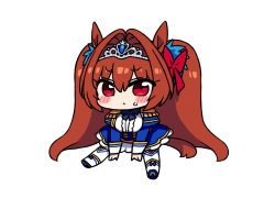 Rule 34 | 1girl, animal ears, blue bow, blue jacket, blue skirt, blush stickers, boots, bow, breasts, brown hair, chan co, closed mouth, daiwa scarlet (umamusume), epaulettes, full body, hair between eyes, hair intakes, horse ears, horse girl, horse tail, jacket, juliet sleeves, large breasts, long hair, long sleeves, looking at viewer, puffy sleeves, red bow, red eyes, shirt, simple background, sitting, skirt, solo, sweat, tail, thighhighs, thighhighs under boots, tiara, twintails, umamusume, v-shaped eyebrows, very long hair, white background, white footwear, white shirt, white thighhighs
