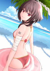 Rule 34 | 1girl, ass, back, bandaged arm, bandages, beach, bikini, blue sky, breasts, brown choker, brown hair, choker, closed mouth, commentary request, cowboy shot, day, from behind, gibun (sozoshu), halterneck, highres, holding, holding swim ring, innertube, kono subarashii sekai ni shukufuku wo!, long hair, looking at viewer, looking to the side, megumin, outdoors, red bikini, red eyes, revision, sky, small breasts, solo, standing, swim ring, swimsuit