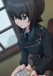 1girl black_jacket black_necktie blue_shirt brown_eyes brown_hair commentary dog dress_shirt ehirorotoon girls_und_panzer grey_skirt highres holding holding_picture_frame indoors jacket looking_to_the_side military_uniform miniskirt necktie niedersachsen_military_uniform nishizumi_maho open_mouth picture_frame pleated_skirt shiba_inu shirt short_hair sitting skirt solo window wing_collar