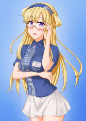 Rule 34 | 1girl, adjusting eyewear, anti (untea9), bespectacled, black-framed eyewear, blonde hair, blue background, blue shirt, breasts, collared shirt, cowboy shot, double bun, employee uniform, fletcher (kancolle), glasses, gradient background, hair bun, hairband, highres, id card, kantai collection, large breasts, lawson, long hair, name tag, open mouth, purple eyes, shirt, short sleeves, skirt, solo, striped clothes, striped shirt, uniform, vertical-striped clothes, vertical-striped shirt, white skirt