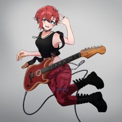 Rule 34 | 1girl, :d, bare arms, black choker, black footwear, black shirt, blue eyes, boots, choker, collarbone, full body, grey background, guitar, hair between eyes, highres, holding, idolmaster, idolmaster million live!, instrument, jewelry, jirion, julia (idolmaster), looking at viewer, midriff, navel, open mouth, pants, red hair, red pants, ring, shirt, short hair, sleeveless, sleeveless shirt, smile, solo, stomach, thigh strap