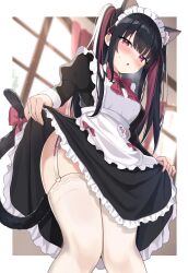 Rule 34 | 1girl, absurdres, animal ears, apron, black dress, black hair, black skirt, blush, cat ears, cat girl, cat tail, clothes lift, dress, frilled apron, frills, garter straps, highres, lifted by self, long sleeves, looking at viewer, maid, maid apron, maid headdress, multicolored hair, okiq, open mouth, original, pink hair, red eyes, skirt, skirt lift, tail, thighhighs, twintails, two-tone hair, underwear, waist apron, white apron, white thighhighs
