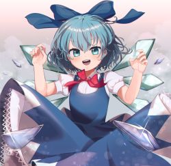 Rule 34 | 1girl, :d, blue bow, blue dress, blue eyes, blue hair, bow, bowtie, cirno, claw pose, dress, dress shirt, eyelashes, goma (u p), hair between eyes, hair bow, ice, ice wings, looking at viewer, open mouth, pinafore dress, puffy short sleeves, puffy sleeves, red bow, red bowtie, shirt, short hair, short sleeves, signature, sleeveless, sleeveless dress, smile, solo, touhou, upper body, v-shaped eyebrows, w arms, white shirt, wing collar, wings