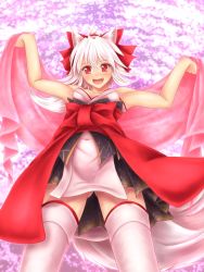 Rule 34 | 1girl, :d, animal ears, arms up, bare shoulders, blush, bow, dog ears, fang, from below, hair between eyes, hozenkakari, obi, open mouth, original, red bow, red eyes, sash, see-through, shawl, smile, solo, standing, tareme, thighhighs, tooth, upskirt, white hair, white thighhighs, zettai ryouiki