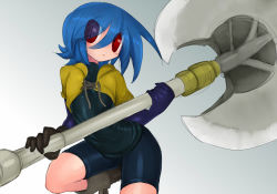 Rule 34 | 1girl, axe, bike shorts, blue hair, covered navel, eyes visible through hair, flat chest, hair over one eye, inaho kanfarigu, kyuusui gakari, looking at viewer, open mouth, original, red eyes, short hair, single glove, solo, weapon