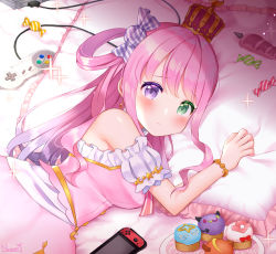 Rule 34 | 1girl, anal tail, bed, blush, breasts, butt plug, candy, commentary request, controller, crown, cupcake, dress, earrings, fake tail, food, food-themed hair ornament, game controller, hair ornament, heterochromia, himemori luna, himemori luna (1st costume), hololive, jewelry, long hair, looking at viewer, lying, naomi (fantasia), nintendo switch, pillow, pink hair, solo, tail, tray, virtual youtuber