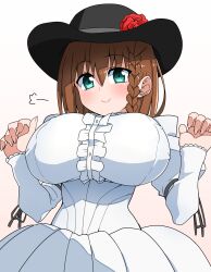 Rule 34 | 1girl, akitokage, braid, breasts, brown hair, center frills, charlotte corday (fate), dress, fate/grand order, fate (series), frills, green eyes, highres, huge breasts, juliet sleeves, long sleeves, looking at viewer, puffy sleeves, short hair, side braid, smile, solo, white dress