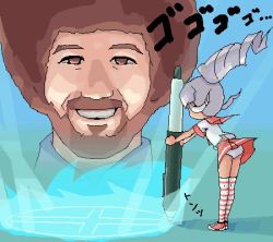 Rule 34 | 00s, 1boy, 1girl, accidental exposure, afro, animification, beard, bob ross, brown hair, drill hair, drill ponytail, facial hair, facing away, facing viewer, fate/stay night, fate (series), full body, furi, hair lift, invocation, leaning forward, legs together, lowres, menacing (jojo), mustache, oekaki, os-tan, oversized object, panties, pantyshot, ponytail, real life, real life insert, red footwear, red thighhighs, school uniform, serafuku, short sleeves, sidelocks, silver hair, smile, sound effects, standing, striped clothes, striped thighhighs, stylus, thighhighs, translated, two-tone legwear, underwear, vista-tan, vistake, white panties, white thighhighs, wind, wind lift