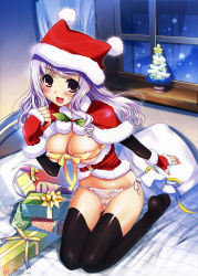 Rule 34 | 00s, 1girl, 2008, :d, areola slip, bed, black thighhighs, blush, breasts, cameltoe, capelet, christmas, christmas tree, cleavage, covered erect nipples, fingerless gloves, front-tie top, gift, gloves, hat, highres, holly, indoors, jester cap, kiya shii, long hair, looking at viewer, naked ribbon, open mouth, panties, polychrome, purple eyes, purple hair, ribbon, sack, santa costume, santa hat, scan, see-through, sex toy, side-tie panties, sitting, skindentation, smile, solo, thighhighs, thong, underwear, vibrator, white panties, window