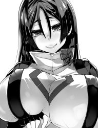 Rule 34 | 1girl, breasts, covered erect nipples, fate/grand order, fate (series), greyscale, head tilt, high collar, huge breasts, long hair, minamoto no raikou (fate), monochrome, parted bangs, simple background, smile, upper body, yukinojou yakan