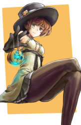 Rule 34 | 1girl, brown eyes, brown hair, chain, crossed legs, dress, elbow gloves, gloves, glowing, hat, jack-o&#039;-lantern, kurio, looking at viewer, original, pantyhose, pleated skirt, simple background, sitting, skirt, solo, striped clothes, striped pantyhose, underbust