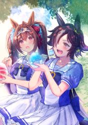 Rule 34 | 2girls, animal ears, black hair, blouse, blue bow, blue shirt, blush, bow, bowl, brown eyes, brown hair, commentary request, daiwa scarlet (umamusume), fang, food, hair between eyes, hair over one eye, highres, holding, holding bowl, holding spoon, horse ears, ittokyu, multicolored hair, multiple girls, open mouth, pleated skirt, puffy short sleeves, puffy sleeves, purple shirt, red eyes, school uniform, shaved ice, shirt, short sleeves, skirt, spoon, streaked hair, teeth, tiara, tracen school uniform, twintails, umamusume, upper teeth only, vodka (umamusume), white hair, white skirt