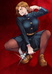 Rule 34 | 1girl, absurdres, breasts, brown eyes, brown footwear, brown hair, brown pantyhose, clenched teeth, commentary request, fighting stance, gakuran, glint, grin, hair behind ear, hammer, highres, holding, holding hammer, holding nail, holding weapon, jujutsu kaisen, kugisaki nobara, large breasts, loafers, looking to the side, mouth hold, nail, pantyhose, red background, school uniform, shoes, short hair, skirt, smile, solo, sonparesu, squatting, teeth, weapon