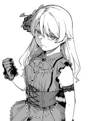 Rule 34 | &gt;:(, 1girl, absurdres, angry, armband, clenched hand, corset, frown, gem, gloves, greyscale, hair ornament, highres, idol clothes, idolmaster, idolmaster cinderella girls, jewelry, key, key necklace, lace, lace-trimmed gloves, lace trim, long hair, menea, monochrome, morikubo nono, necklace, simple background, solo, v-shaped eyebrows, white background