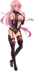 Rule 34 | 1girl, adjusting hair, bare shoulders, blush, boots, breasts, cleavage, cleavage cutout, clothing cutout, detached collar, earrings, feet, female focus, floating hair, full body, game cg, groin, hand up, high heel boots, high heels, highres, jerez&#039;s arena, jewelry, large breasts, legs, light blush, long hair, looking at viewer, matching hair/eyes, nail polish, navel, original, parted lips, pink eyes, pink hair, pointy ears, revealing clothes, smile, solo, standing, thigh boots, thighhighs, thighs, transparent background