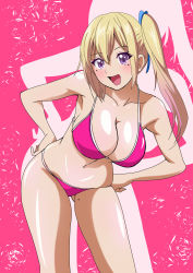 Rule 34 | 1girl, bikini, blonde hair, breasts, collarbone, commentary request, curvy, hands on own hips, highres, kawakami mai, large breasts, leaning forward, long hair, looking at viewer, mole, mole on thigh, mole under eye, musaigen no phantom world, navel, open mouth, pink background, pink bikini, purple eyes, shiny skin, side ponytail, smile, solo, standing, string bikini, swimsuit, temaezushi