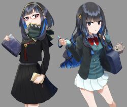 Rule 34 | 1girl, absurdres, bag, black hair, black jacket, black serafuku, black shirt, black skirt, blue hair, book, bow, bowtie, breasts, buttons, collared shirt, colored inner hair, fate/grand order, fate (series), glasses, green sweater, grey eyes, high collar, highres, jacket, long hair, long sleeves, looking at viewer, miniskirt, multicolored hair, multiple views, naninenene, open clothes, open jacket, pleated skirt, school bag, school uniform, serafuku, shirt, short hair, sidelocks, skirt, small breasts, stuffed toy, sweater, tenochtitlan (fate), thighs, wavy hair, white skirt