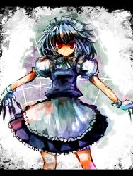 Rule 34 | 1girl, between fingers, braid, female focus, gloves, holding, izayoi sakuya, knife, maid, short hair, silver hair, solo, throwing knife, touhou, twintails, ukyo rst, weapon