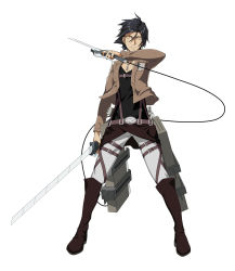 Rule 34 | 1boy, bad id, bad pixiv id, belt, belt buckle, black hair, black shirt, boots, buckle, chain necklace, coat, hair between eyes, highres, holding, holding sword, holding weapon, jewelry, male focus, necklace, pants, poaro, ring, shingeki no kyojin, shirt, short hair, solo, sword, three-dimensional maneuver gear, v-neck, weapon, yellow eyes