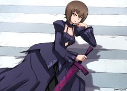 Rule 34 | 1girl, absurdres, alternate eye color, artoria pendragon (all), artoria pendragon (fate), black dress, brown hair, clothing cutout, commentary, cosplay, dress, elbow rest, empty eyes, excalibur morgan (fate), fate/stay night, fate (series), from side, girls und panzer, head rest, highres, holding, holding sword, holding weapon, juliet sleeves, long dress, long sleeves, looking at viewer, nishizumi maho, omachi (slabco), one-hour drawing challenge, parted lips, puffy sleeves, road, saber alter, saber alter (cosplay), shadow, short hair, shrug (clothing), solo, stomach cutout, street, sword, twitter username, weapon, yellow eyes