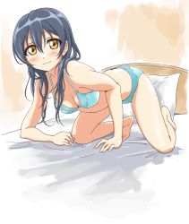 Rule 34 | 10s, 1girl, all fours, bed, bed sheet, blue bra, blue hair, blue panties, blush, bra, breasts, brown eyes, cleavage, collarbone, commentary request, full body, hair between eyes, long hair, looking at viewer, love live!, love live! school idol project, medium breasts, on bed, panties, pillow, solo, sonoda umi, tetopetesone, underwear, underwear only