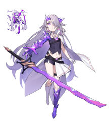 Rule 34 | 1girl, crystal sword, dasdokter, dress, flat chest, floating, grey hair, hair over one eye, highres, hololive, hololive english, horns, katana, koseki bijou, long hair, looking at viewer, multicolored hair, navel, official alternate costume, purple eyes, serious, solo, sword, virtual youtuber, weapon
