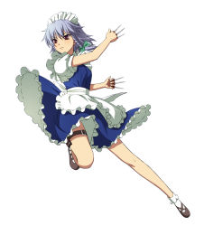 Rule 34 | 1girl, absurdres, apron, blue dress, bow, braid, brown footwear, dress, full body, hair bow, highres, holding, holding weapon, holster, izayoi sakuya, knife, maid, maid apron, maid headdress, official art, red eyes, short sleeves, silver hair, simple background, socks, solo, thigh holster, touhou, twin braids, waist apron, weapon, white background, white socks
