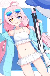 Rule 34 | 1girl, :d, absurdres, ahoge, beretta 1301, bikini, blue archive, blue jacket, collarbone, commentary request, eyewear on head, frilled bikini, frills, gun, hair between eyes, hair bobbles, hair ornament, heterochromia, highres, holding, holding gun, holding weapon, hood, hooded jacket, hoshino (blue archive), hoshino (swimsuit) (blue archive), jacket, long hair, looking at viewer, low twintails, multicolored hair, navel, official alternate costume, open mouth, paralier, pink hair, sidelocks, simple background, smile, solo, spaghetti strap, stomach, sunglasses, sweatdrop, sweater jacket, swimsuit, twintails, two-tone hair, weapon, white bikini