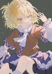 1girl absurdres black_skirt blonde_hair brown_shirt commentary feet_out_of_frame frilled_arm_warmers green_eyes grey_background half_updo hand_up highres light_particles looking_at_viewer mizuhashi_parsee open_mouth riri_hashi scarf shirt short_hair short_sleeves simple_background sitting skirt solo touhou white_arm_warmers white_scarf