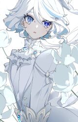 Rule 34 | 1girl, ahoge, alternate costume, ascot, blue brooch, blue eyes, blue hair, blush, cha hanare, flower, furina (genshin impact), genshin impact, hair between eyes, heterochromia, highres, jacket, light blue hair, looking to the side, multicolored hair, open mouth, short hair, simple background, solo, streaked hair, tearing up, two-tone hair, upper body, white ascot, white background, white flower, white hair, white jacket