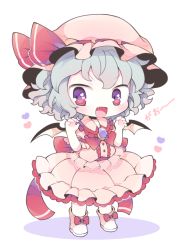 Rule 34 | &gt;:d, 1girl, :d, bad id, bad tumblr id, bat wings, blue hair, blush, bow, brooch, chibi, curly hair, dress, fang, frilled dress, frills, full body, hat, hat ribbon, heart, jewelry, kyou (nekoneko), looking at viewer, mob cap, open mouth, pink dress, red bow, red eyes, red ribbon, remilia scarlet, ribbon, short sleeves, simple background, smile, solo, standing, touhou, v-shaped eyebrows, white background, wings