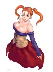 Rule 34 | 1girl, bare shoulders, breasts, brown eyes, cleavage, collarbone, commentary request, corset, dragon quest, dragon quest viii, dress, earrings, jessica albert, jewelry, large breasts, long hair, long sleeves, looking at viewer, open mouth, orange hair, shu-mai, signature, simple background, skirt, smile, solo, square enix, strapless, strapless dress, twintails, white background