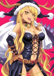 Rule 34 | 1girl, bare shoulders, blonde hair, blush, breasts, center opening, cleavage, dark-skinned female, dark skin, dragon girl, dragon horns, dragon tail, facial mark, fate/grand order, fate (series), fur trim, hat, highres, horns, large breasts, long hair, looking at viewer, navel, open mouth, sack, santa hat, sharp teeth, shimouki izui, smile, swept bangs, tail, teeth, thighs, tongue, tongue out, vritra (fate), yellow eyes