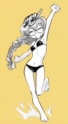Rule 34 | 1girl, :d, anchovy (girls und panzer), bikini, braid, breasts, eisu (eith), girls und panzer, goggles, goggles on head, greyscale, hair between eyes, highres, long hair, monochrome, navel, open mouth, screentones, small breasts, smile, snorkel, swimsuit, yellow background