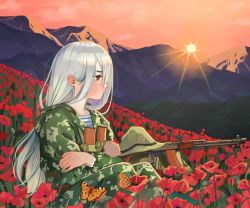 Rule 34 | 1girl, afghanistan, ak-47, assault rifle, bug, butterfly, camouflage, camouflage jacket, camouflage pants, feet out of frame, flower, grey hair, gun, insect, jacket, kalashnikov rifle, light machine gun, long hair, magazine (weapon), mountain, original, pants, red eyes, red flower, red sky, rifle, rpk-74, shirt, sitting, sky, soldier, solo, soviet, soviet army, striped clothes, striped shirt, sun, sunset, teaparty, telnyashka, unworn headwear, weapon