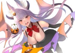 Rule 34 | 1girl, :d, absurdres, animal ear fluff, animal ears, bare shoulders, black dress, black gloves, blush, bow, breasts, cleavage, demon horns, demon tail, dress, elbow gloves, fox ears, fox girl, gloves, hair ornament, halloween, halloween costume, highres, horns, indie virtual youtuber, jack-o&#039;-lantern, kamishiro natsume, kitsune, large breasts, long hair, looking at viewer, open mouth, orange eyes, purple hair, red bow, simple background, sleeveless, sleeveless dress, smile, solo, tail, teeth, upper teeth only, virtual youtuber, white background, wings, yuuhi (yuuvi83)