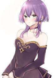 1girl adapted_costume bare_shoulders bernadetta_von_varley breasts choker cleavage collarbone dress earrings fire_emblem fire_emblem:_three_houses grey_eyes jewelry long_hair long_sleeves medium_breasts nintendo off-shoulder_dress off_shoulder purple_choker purple_dress purple_hair simple_background solo upper_body white_background yukichi_(yukichi_rururu)