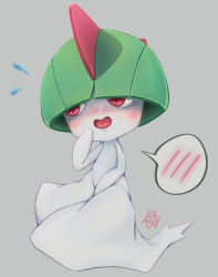 Rule 34 | bad id, bad pixiv id, blush, commentary request, creatures (company), flying sweatdrops, full body, game freak, gen 3 pokemon, grey background, highres, kireiaiga, looking away, nervous smile, nintendo, open mouth, pokemon, pokemon (creature), ralts, red eyes, signature, simple background, smile, solo, spoken blush, tongue